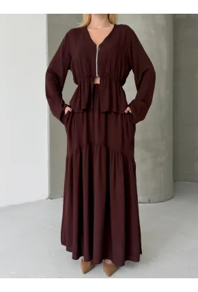 Viskon Kumaş Fermuar Detaylı Alt Üst Takım Kahve