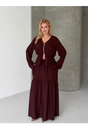 Viskon Kumaş Fermuar Detaylı Alt Üst Takım Kahve