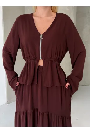 Viskon Kumaş Fermuar Detaylı Alt Üst Takım Kahve