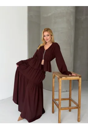 Viskon Kumaş Fermuar Detaylı Alt Üst Takım Kahve