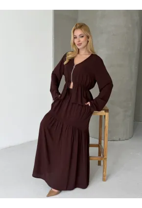 Viskon Kumaş Fermuar Detaylı Alt Üst Takım Kahve