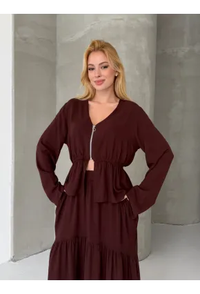 Viskon Kumaş Fermuar Detaylı Alt Üst Takım Kahve