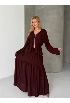 Viskon Kumaş Fermuar Detaylı Alt Üst Takım Kahve