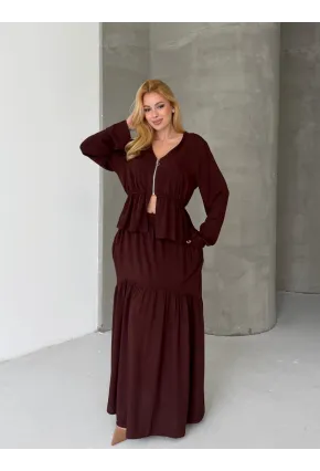 Viskon Kumaş Fermuar Detaylı Alt Üst Takım Kahve