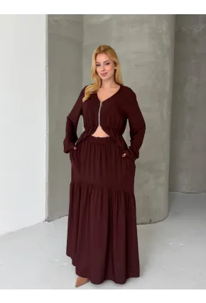 Viskon Kumaş Fermuar Detaylı Alt Üst Takım Kahve