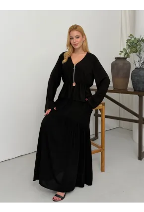 Viskon Kumaş Fermuar Detaylı Alt Üst Takım Siyah