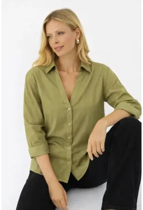 Yağ Yeşili V Yaka Düğmeli Kadın Gömlek – Rahat Kesim, Günlük & Şık Stil