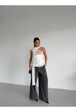 Yaka Detay Saten Bluz Beyaz