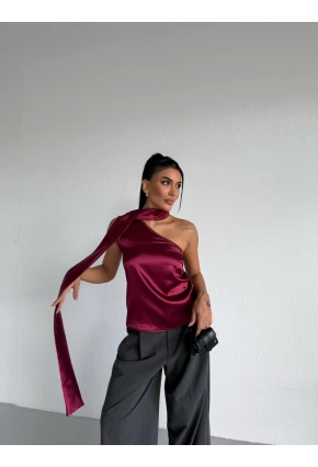 Yaka Detay Saten Bluz Bordo