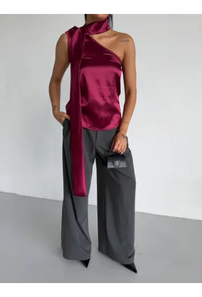 Yaka Detay Saten Bluz Bordo