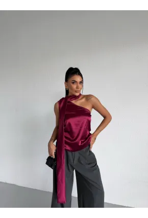 Yaka Detay Saten Bluz Bordo
