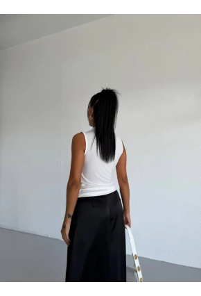 Yaka Tül Detaylı Drapeli Kolsuz Kadın Bluz Beyaz