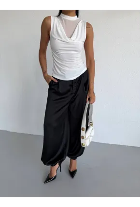 Yaka Tül Detaylı Drapeli Kolsuz Kadın Bluz Beyaz