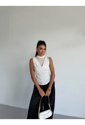 Yaka Tül Detaylı Drapeli Kolsuz Kadın Bluz Beyaz