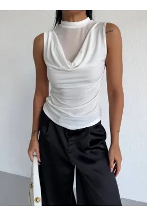 Yaka Tül Detaylı Drapeli Kolsuz Kadın Bluz Beyaz