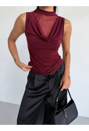 Yaka Tül Detaylı Drapeli Kolsuz Kadın Bluz Bordo