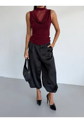 Yaka Tül Detaylı Drapeli Kolsuz Kadın Bluz Bordo