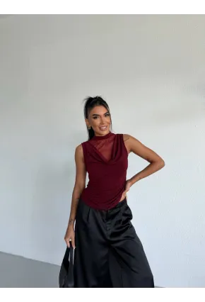 Yaka Tül Detaylı Drapeli Kolsuz Kadın Bluz Bordo