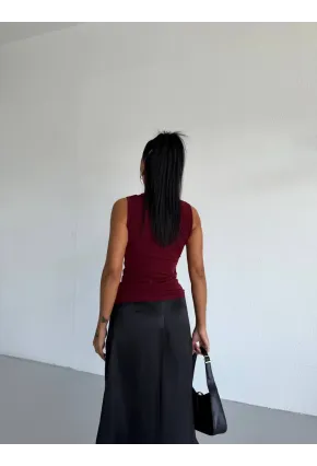 Yaka Tül Detaylı Drapeli Kolsuz Kadın Bluz Bordo