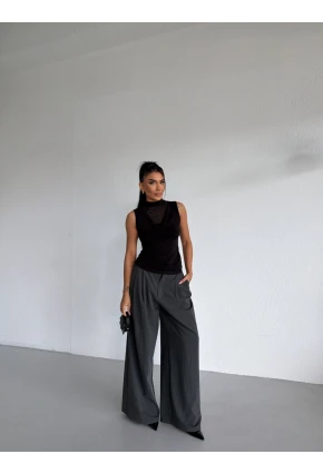 Yaka Tül Detaylı Drapeli Kolsuz Kadın Bluz Siyah