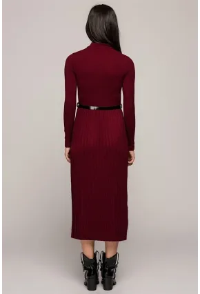 Yarım Balıkçı Bordo Eteği Pliseli Uzun Elbise