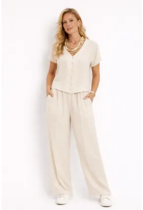 Yarım Kol Boncuk Düğmeli Keten Takım