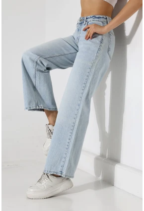 Yüksek Bel Açık Mavi Geniş Paça Jean Pantolon