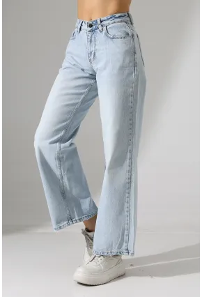 Yüksek Bel Açık Mavi Geniş Paça Jean Pantolon