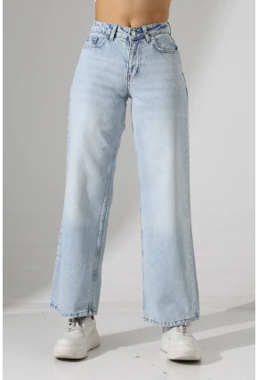 Yüksek Bel Açık Mavi Geniş Paça Jean Pantolon