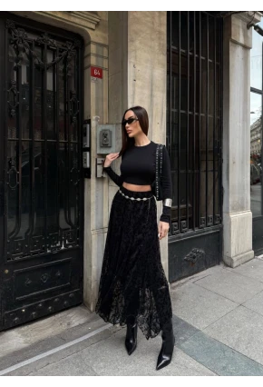 Yüksek Bel Dantel Detaylı Maxi Boy Etek