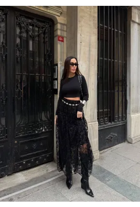 Yüksek Bel Dantel Detaylı Maxi Boy Etek