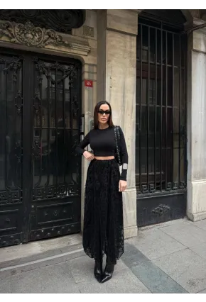 Yüksek Bel Dantel Detaylı Maxi Boy Etek