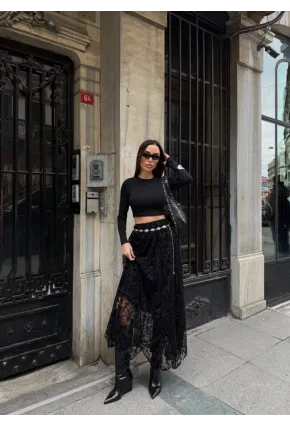 Yüksek Bel Dantel Detaylı Maxi Boy Etek