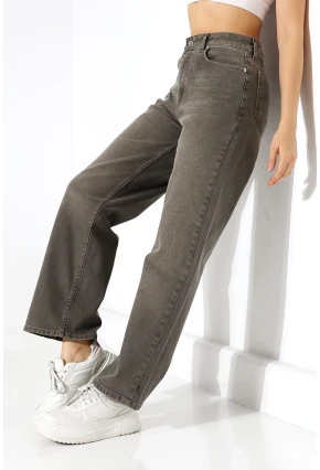 Yüksek Bel Düz Paça Füme Jean Pantolon