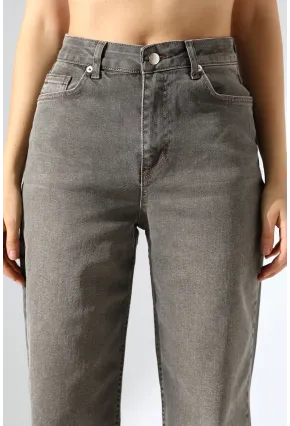 Yüksek Bel Düz Paça Füme Jean Pantolon