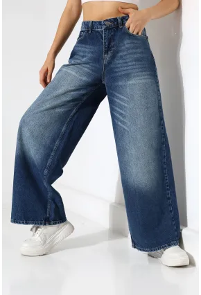 Yüksek Bel Ekstra Geniş Paça Dark Mavi Wide Leg Jean Pantolon