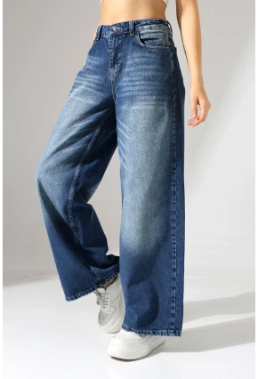 Yüksek Bel Ekstra Geniş Paça Dark Mavi Wide Leg Jean Pantolon