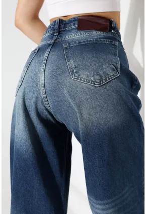 Yüksek Bel Ekstra Geniş Paça Dark Mavi Wide Leg Jean Pantolon