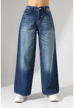 Yüksek Bel Ekstra Geniş Paça Dark Mavi Wide Leg Jean Pantolon