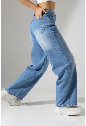 Yüksek Bel Geniş Paça Açık Mavi Jean Pantolon