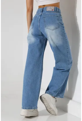 Yüksek Bel Geniş Paça Açık Mavi Jean Pantolon