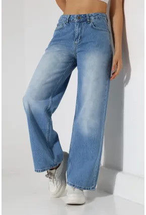 Yüksek Bel Geniş Paça Açık Mavi Jean Pantolon