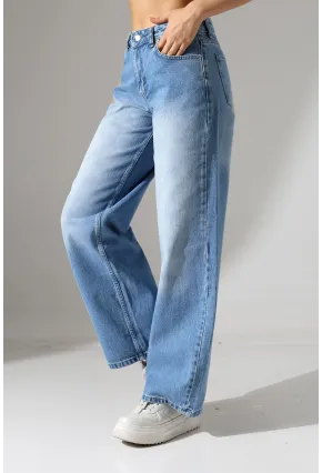 Yüksek Bel Geniş Paça Açık Mavi Jean Pantolon