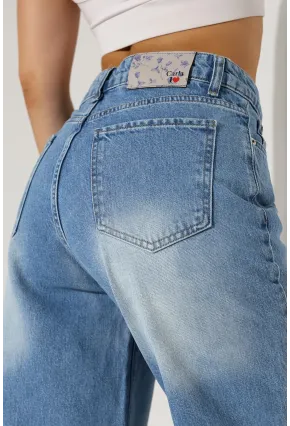 Yüksek Bel Geniş Paça Açık Mavi Jean Pantolon