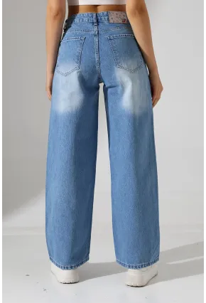 Yüksek Bel Geniş Paça Açık Mavi Jean Pantolon