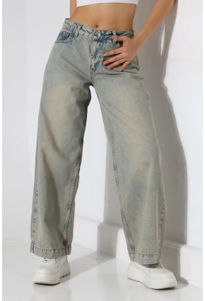 Yüksek Bel Geniş Paça Açık Mavi Yıkamalı Jean Pantolon