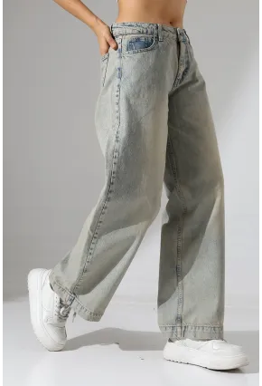 Yüksek Bel Geniş Paça Açık Mavi Yıkamalı Jean Pantolon