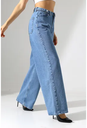 Yüksek Bel Geniş Paça Düz Kesim Mavi Jean Pantolon
