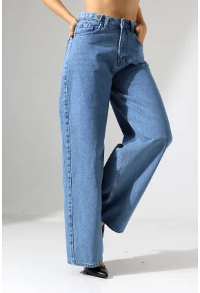 Yüksek Bel Geniş Paça Düz Kesim Mavi Jean Pantolon