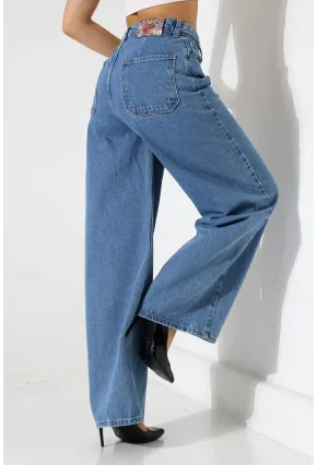 Yüksek Bel Geniş Paça Düz Kesim Mavi Jean Pantolon
